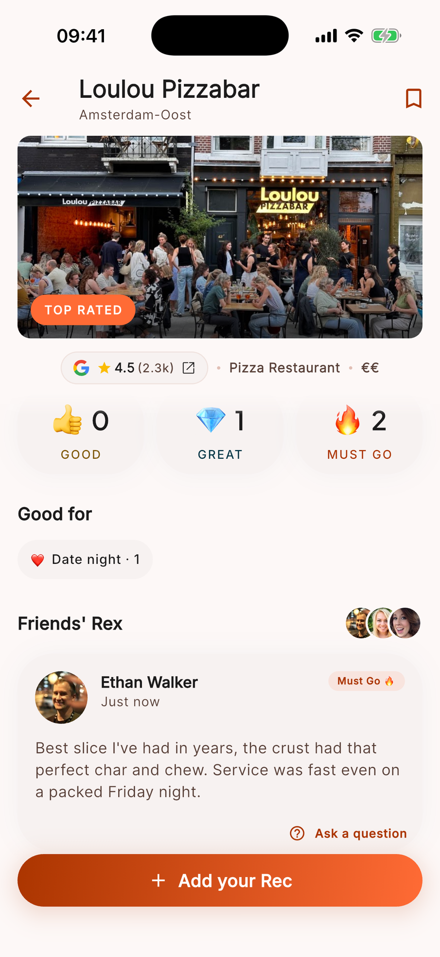 A place page showing which friends recommended it and how strongly