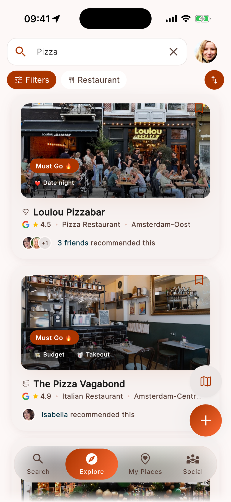 Search results in Rex, each place showing which friends recommended it